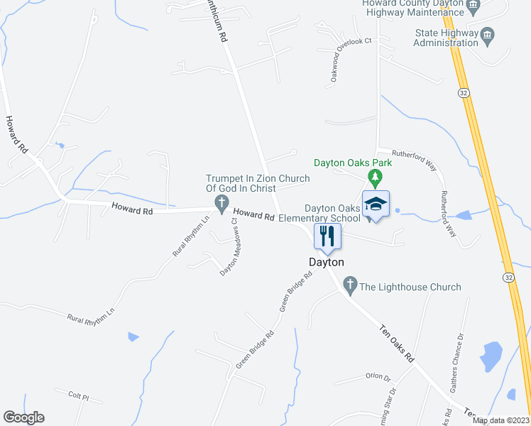 map of restaurants, bars, coffee shops, grocery stores, and more near 13720 Howard Road in Dayton