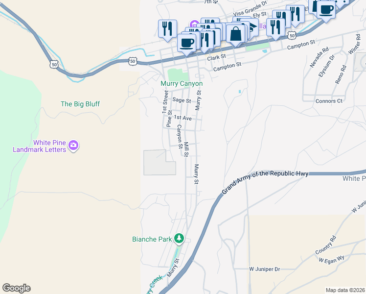 map of restaurants, bars, coffee shops, grocery stores, and more near 1001 Mill Street in Ely