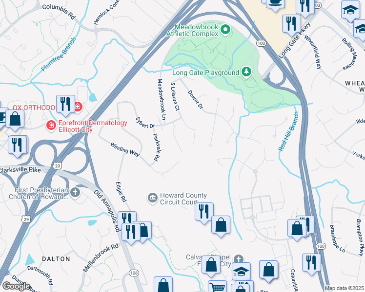map of restaurants, bars, coffee shops, grocery stores, and more near 4727 Columbia Hills Court in Ellicott City
