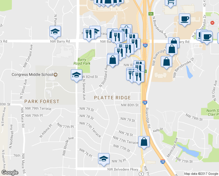 map of restaurants, bars, coffee shops, grocery stores, and more near 8113 North Stoddard Avenue in Kansas City