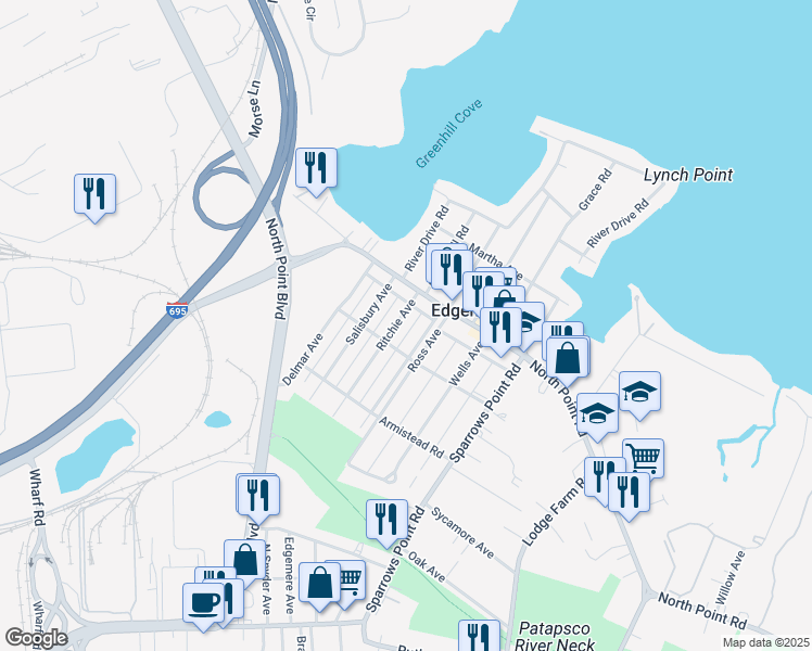 map of restaurants, bars, coffee shops, grocery stores, and more near 3011 Ritchie Avenue in Sparrows Point