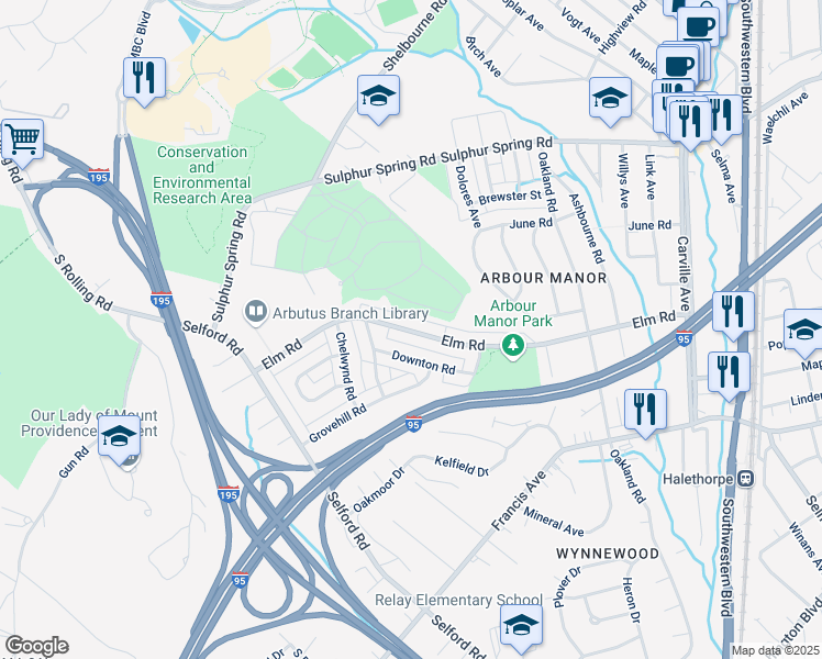 map of restaurants, bars, coffee shops, grocery stores, and more near 1044 Elm Road in Halethorpe