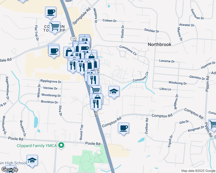 map of restaurants, bars, coffee shops, grocery stores, and more near 3383 Amberway Court in Cincinnati