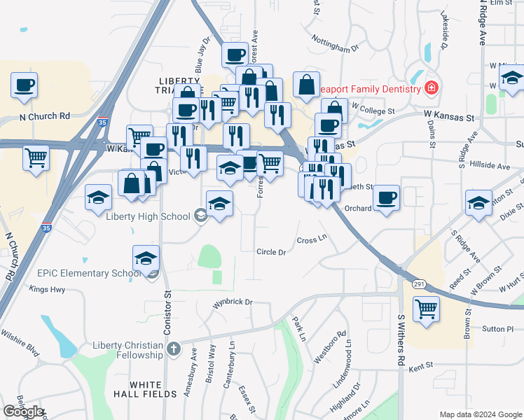 map of restaurants, bars, coffee shops, grocery stores, and more near 306 Forrest Avenue in Liberty