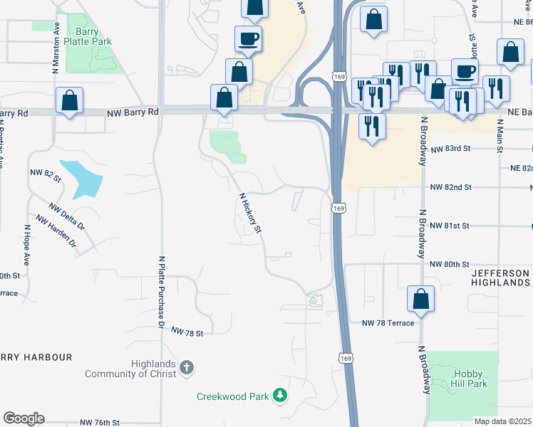 map of restaurants, bars, coffee shops, grocery stores, and more near 8109 North Hickory Street in Gladstone