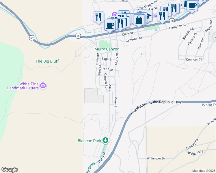 map of restaurants, bars, coffee shops, grocery stores, and more near 1001 Mill Street in Ely