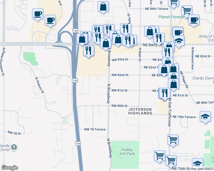 map of restaurants, bars, coffee shops, grocery stores, and more near 400 Northwest 81st Street in Kansas City
