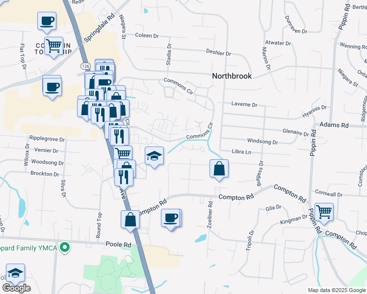 map of restaurants, bars, coffee shops, grocery stores, and more near 3283 Pebblebrook Lane in Cincinnati