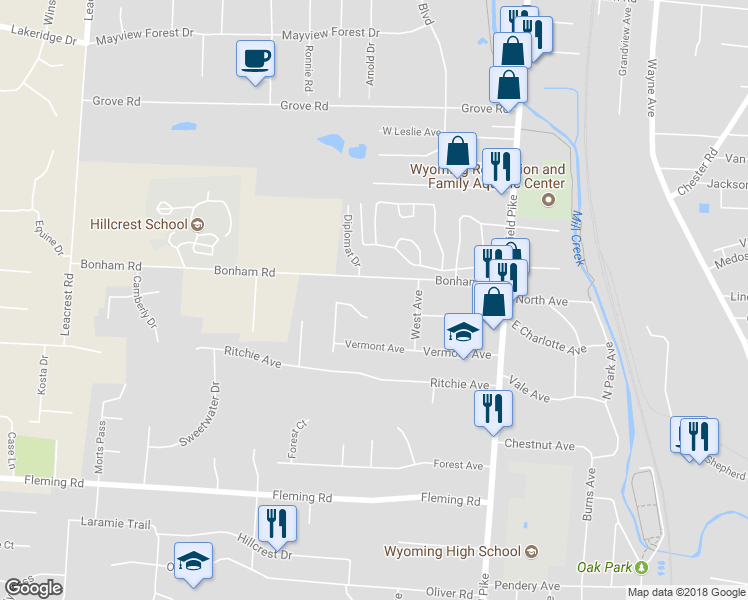 map of restaurants, bars, coffee shops, grocery stores, and more near 123 Bonham Road in Cincinnati
