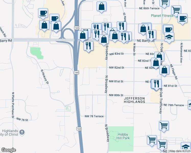 map of restaurants, bars, coffee shops, grocery stores, and more near 436 Northwest 81st Street in Kansas City