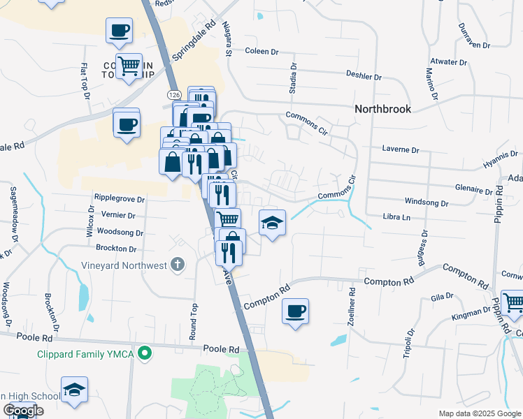 map of restaurants, bars, coffee shops, grocery stores, and more near 3383 Amberway Court in Cincinnati