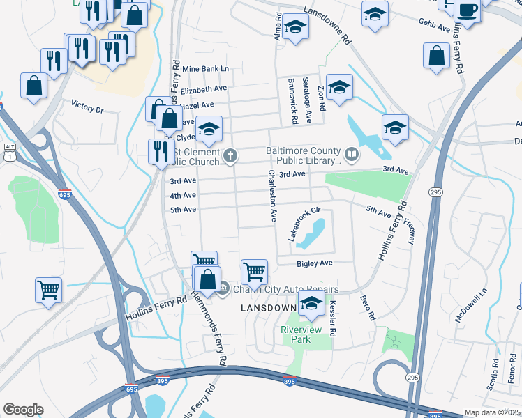 map of restaurants, bars, coffee shops, grocery stores, and more near 213 5th Avenue in Baltimore County