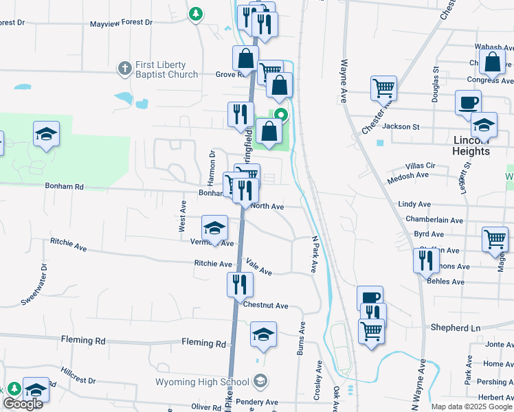 map of restaurants, bars, coffee shops, grocery stores, and more near 15 North Avenue in Wyoming