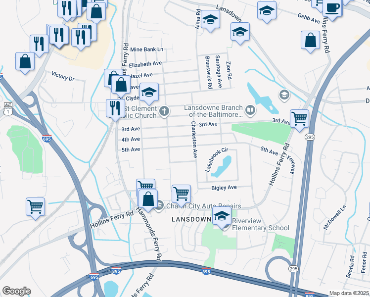 map of restaurants, bars, coffee shops, grocery stores, and more near 213 5th Avenue in Baltimore County