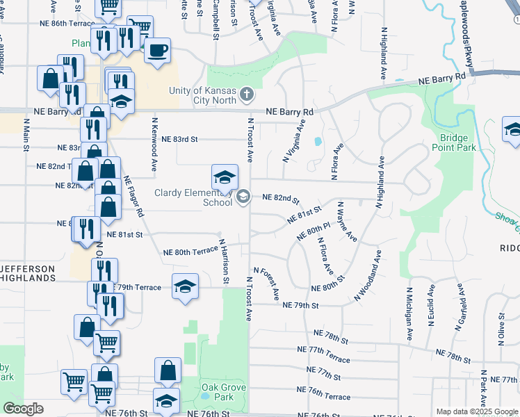 map of restaurants, bars, coffee shops, grocery stores, and more near 1206 Northeast 81st Terrace in Kansas City