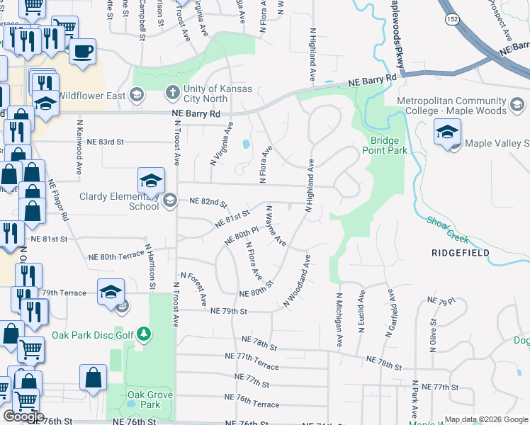 map of restaurants, bars, coffee shops, grocery stores, and more near 8030 North Wayne Avenue in Kansas City