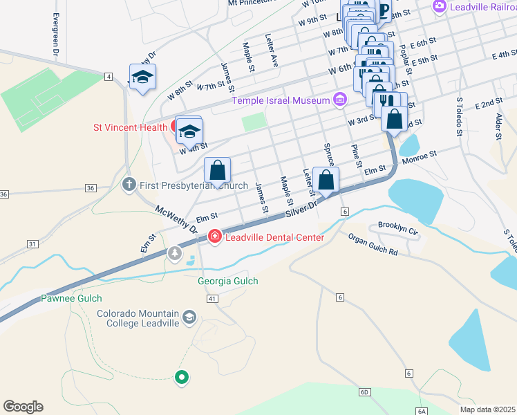 map of restaurants, bars, coffee shops, grocery stores, and more near 613 Elm Street in Leadville