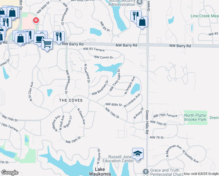 map of restaurants, bars, coffee shops, grocery stores, and more near 8142 Northwest Twin Oaks Drive in Kansas City