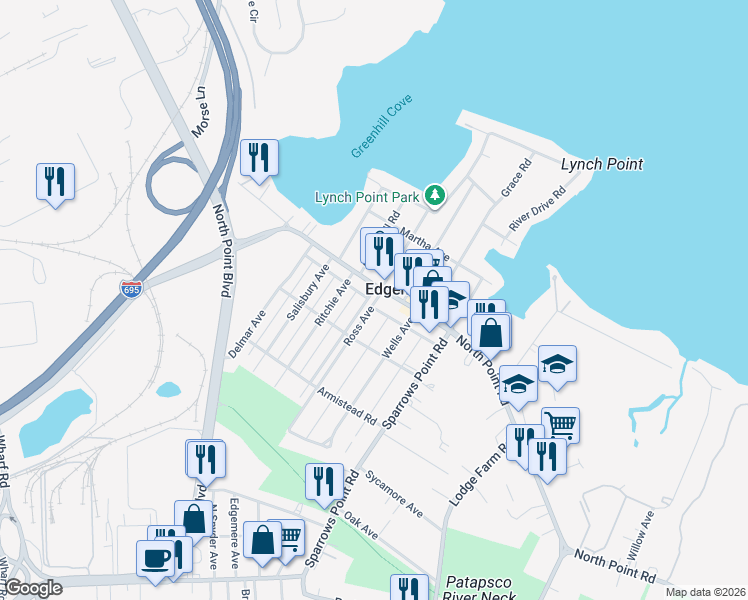 map of restaurants, bars, coffee shops, grocery stores, and more near 6901 North Point Road in Sparrows Point