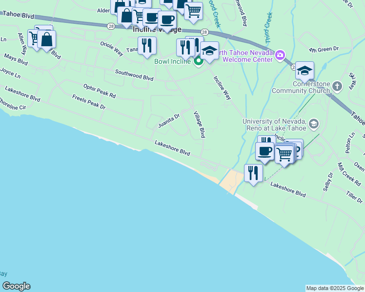 map of restaurants, bars, coffee shops, grocery stores, and more near 928 Lakeshore Blvd in Incline Village