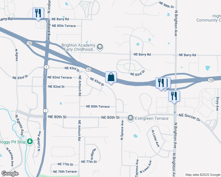 map of restaurants, bars, coffee shops, grocery stores, and more near 4327 Northeast 83rd Street in Kansas City