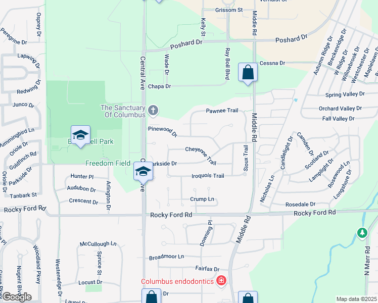 map of restaurants, bars, coffee shops, grocery stores, and more near 2033 Cheyenne Trail in Columbus