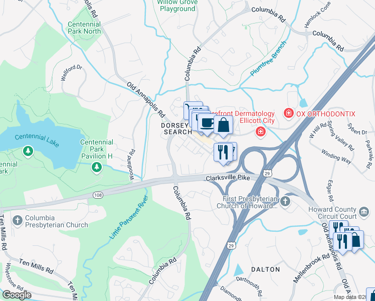 map of restaurants, bars, coffee shops, grocery stores, and more near 9527 Liverpool Lane in Ellicott City
