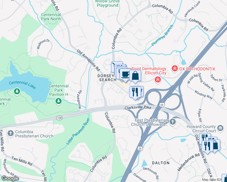 map of restaurants, bars, coffee shops, grocery stores, and more near 9410 Aston Villa in Ellicott City