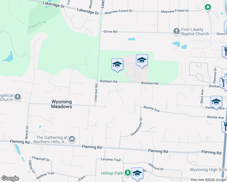 map of restaurants, bars, coffee shops, grocery stores, and more near 367 Ashley Lane in Wyoming