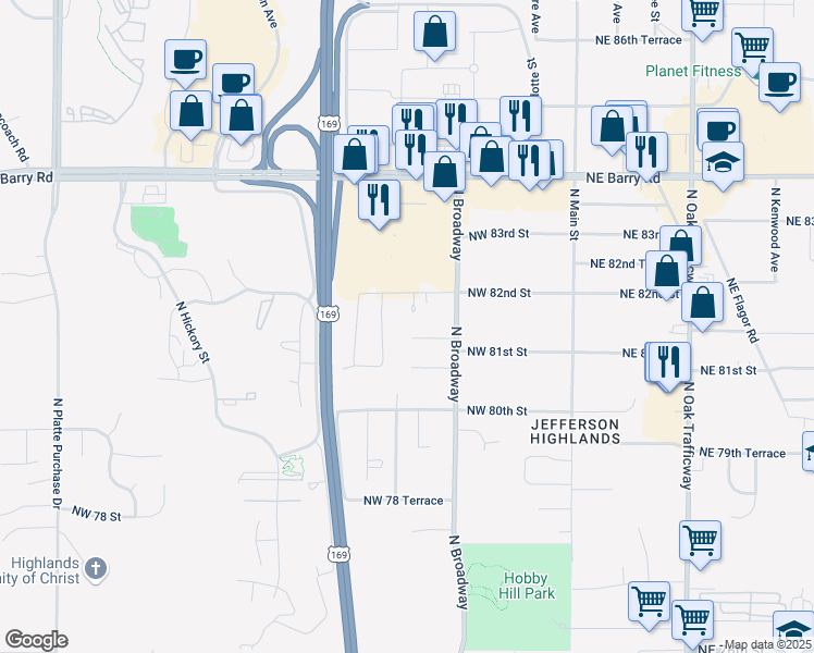 map of restaurants, bars, coffee shops, grocery stores, and more near 436 Northwest 81st Street in Kansas City