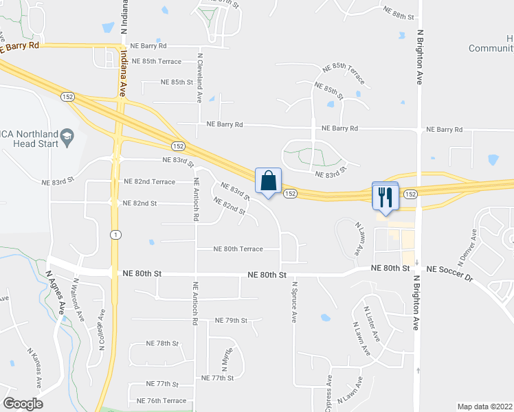 map of restaurants, bars, coffee shops, grocery stores, and more near 4105 Northeast 83rd Street in Kansas City