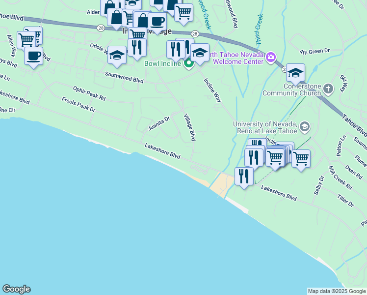 map of restaurants, bars, coffee shops, grocery stores, and more near 105 Village Boulevard in Incline Village