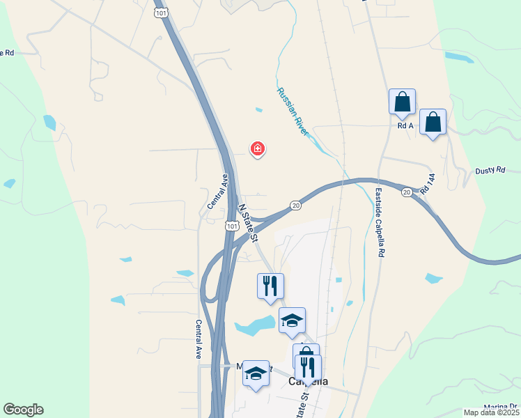 map of restaurants, bars, coffee shops, grocery stores, and more near 6801 North State Street in Redwood Valley