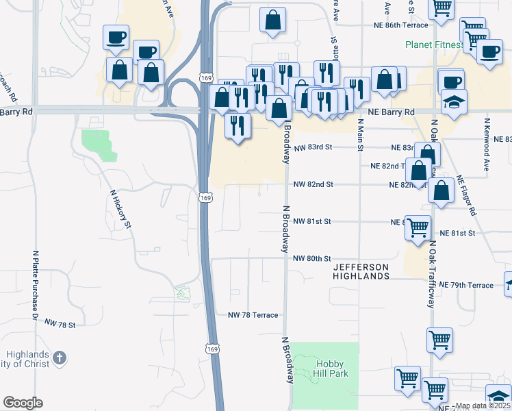 map of restaurants, bars, coffee shops, grocery stores, and more near 436 Northwest 81st Street in Kansas City