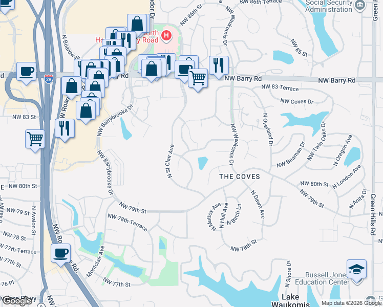 map of restaurants, bars, coffee shops, grocery stores, and more near 5624 Northwest 81st Street in Kansas City
