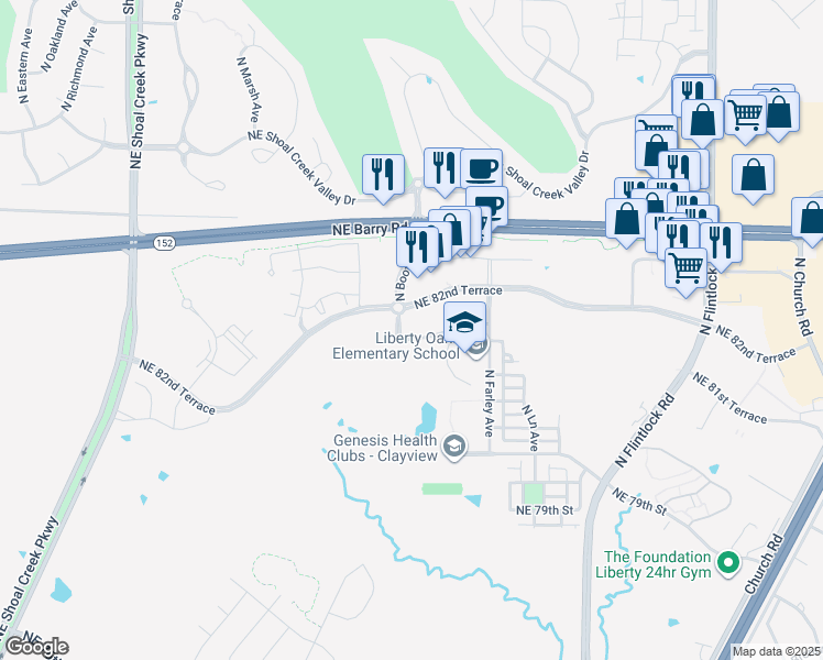 map of restaurants, bars, coffee shops, grocery stores, and more near 8600 Northeast 82nd Street in Kansas City