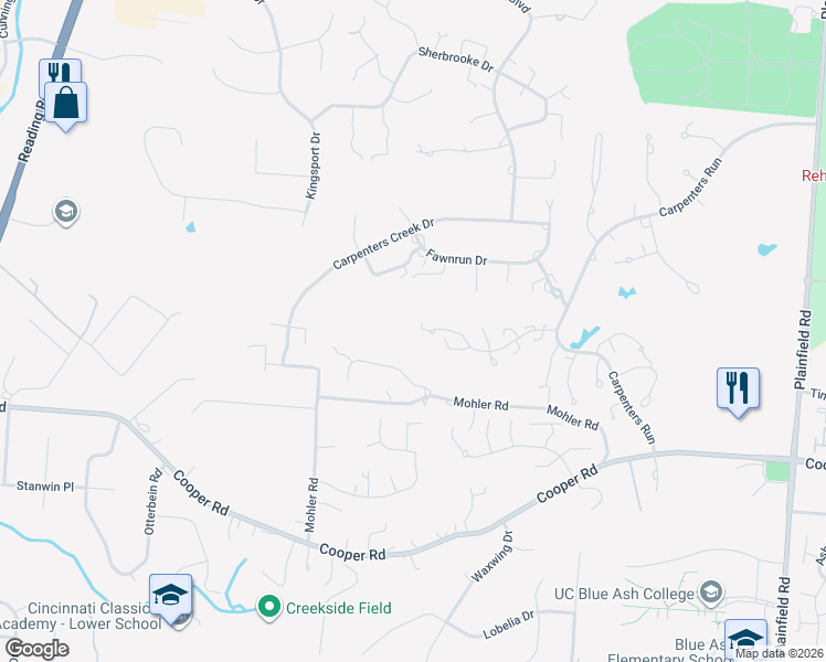 map of restaurants, bars, coffee shops, grocery stores, and more near 99 Carpenters Ridge in Cincinnati