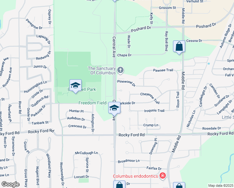 map of restaurants, bars, coffee shops, grocery stores, and more near 1910 Parkside Drive in Columbus