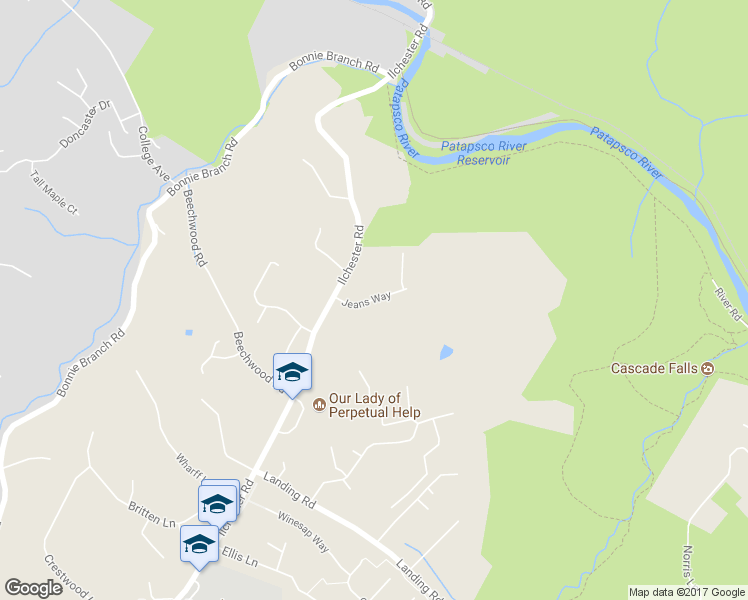 map of restaurants, bars, coffee shops, grocery stores, and more near Jeans Way in Ellicott City