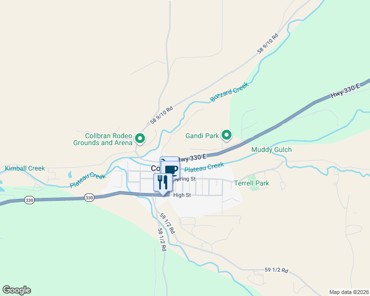 map of restaurants, bars, coffee shops, grocery stores, and more near 58590 Pe 3/10 Road in Collbran