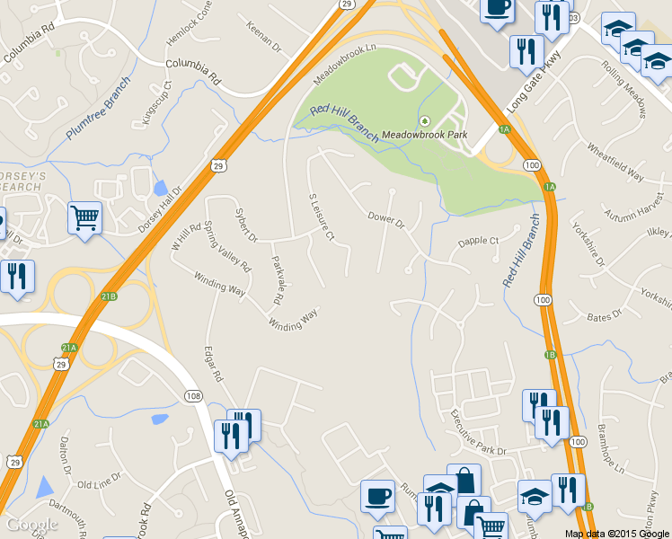 map of restaurants, bars, coffee shops, grocery stores, and more near 4678 South Leisure Court in Ellicott City