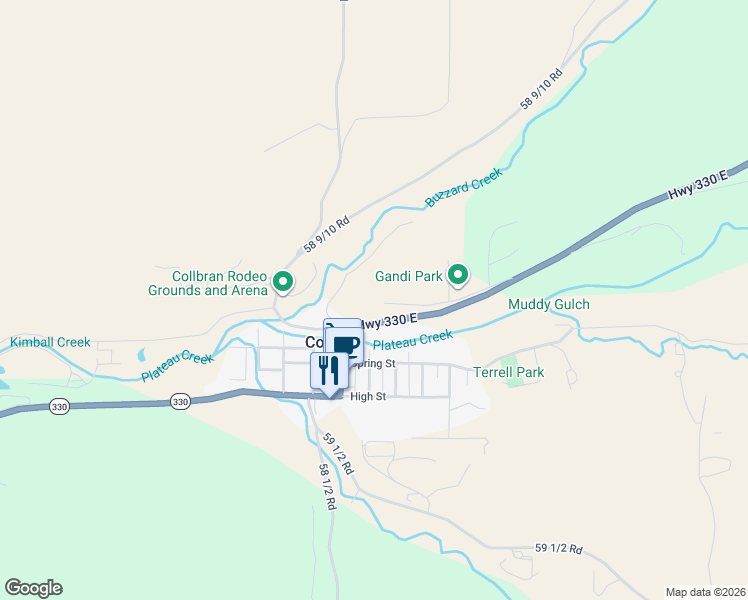 map of restaurants, bars, coffee shops, grocery stores, and more near 58590 Pe 3/10 Road in Collbran