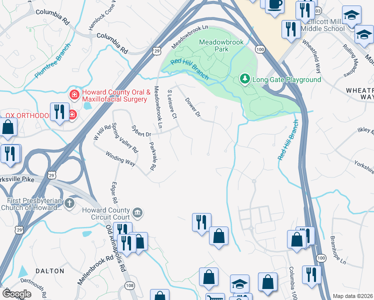 map of restaurants, bars, coffee shops, grocery stores, and more near 4678 South Leisure Court in Ellicott City