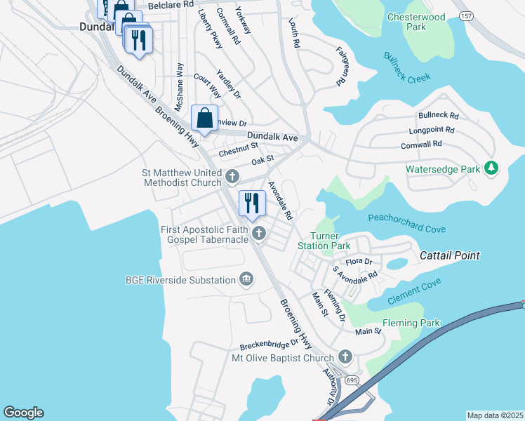 map of restaurants, bars, coffee shops, grocery stores, and more near 103 Walnut Avenue in Dundalk