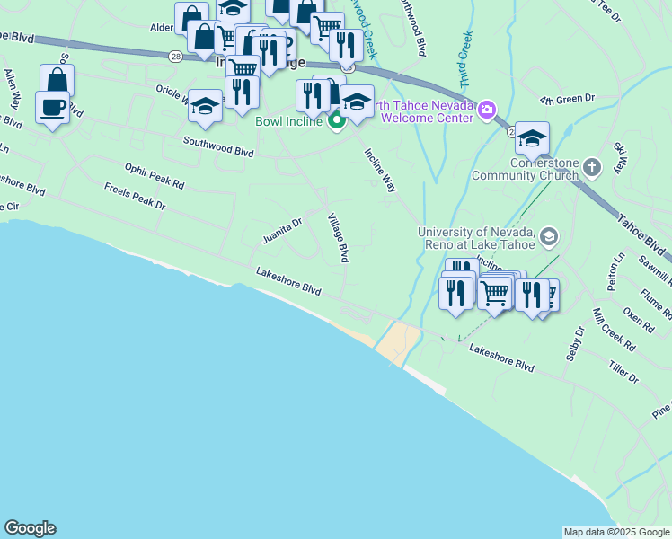 map of restaurants, bars, coffee shops, grocery stores, and more near 105 Village Boulevard in Incline Village