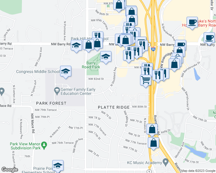map of restaurants, bars, coffee shops, grocery stores, and more near 8122 North Stoddard Avenue in Kansas City
