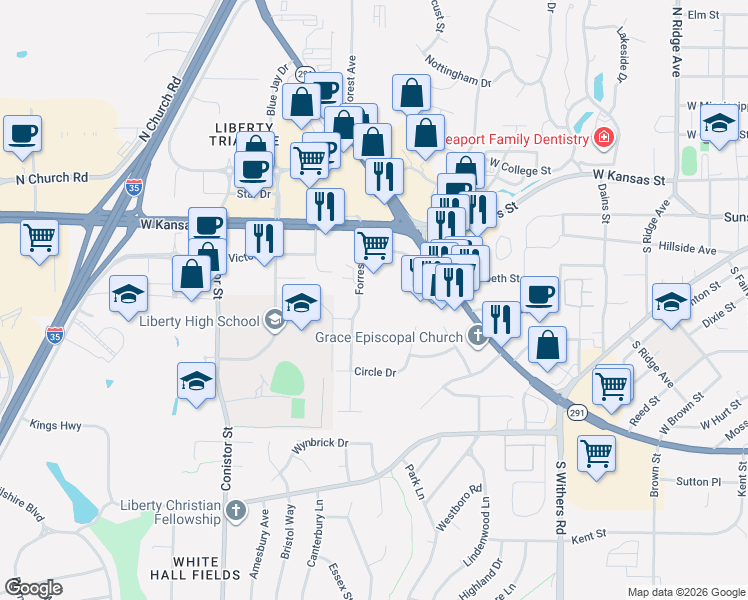 map of restaurants, bars, coffee shops, grocery stores, and more near 307 Forrest Avenue in Liberty
