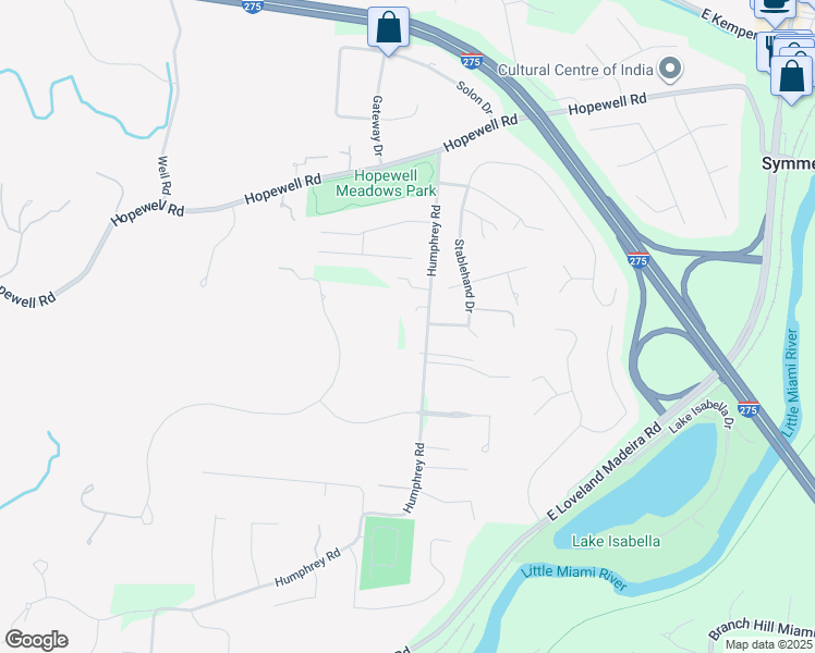 map of restaurants, bars, coffee shops, grocery stores, and more near 10207 Humphrey Road in Cincinnati