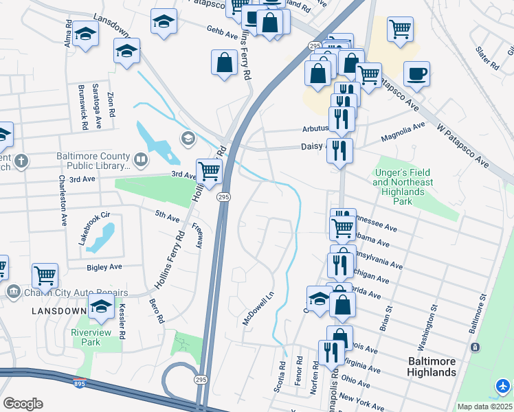 map of restaurants, bars, coffee shops, grocery stores, and more near 2709 Theresa Lane in Baltimore
