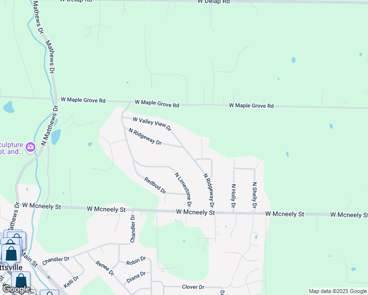 map of restaurants, bars, coffee shops, grocery stores, and more near Ridgeway Dr in Ellettsville